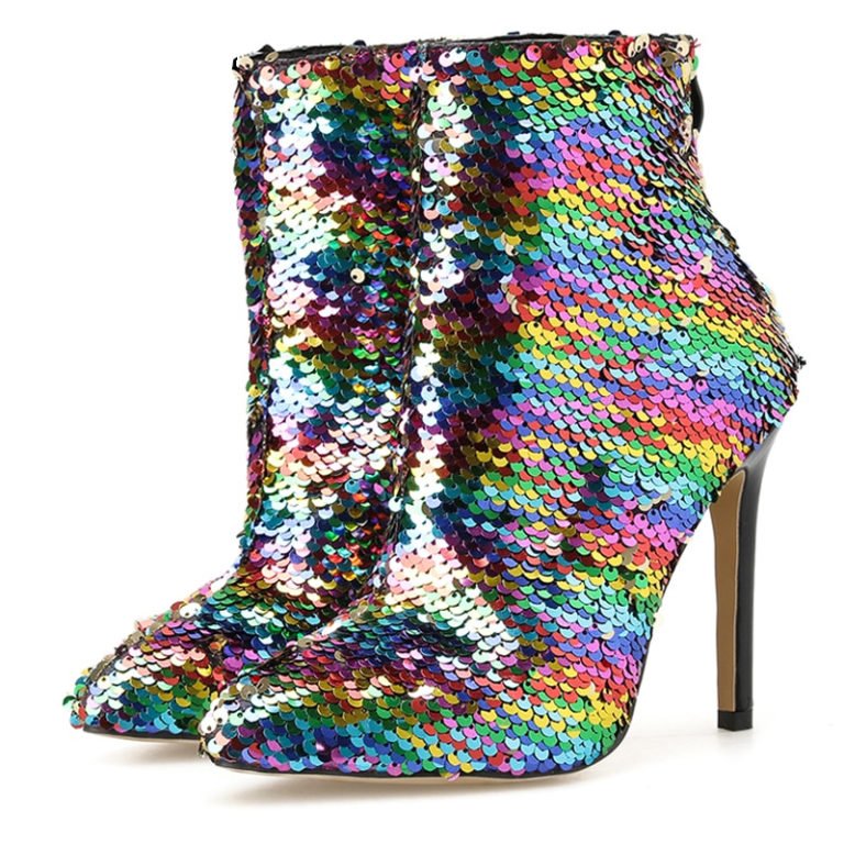 Metallic Rainbow Sequin High-Heel Ankle Boots - Queerks™