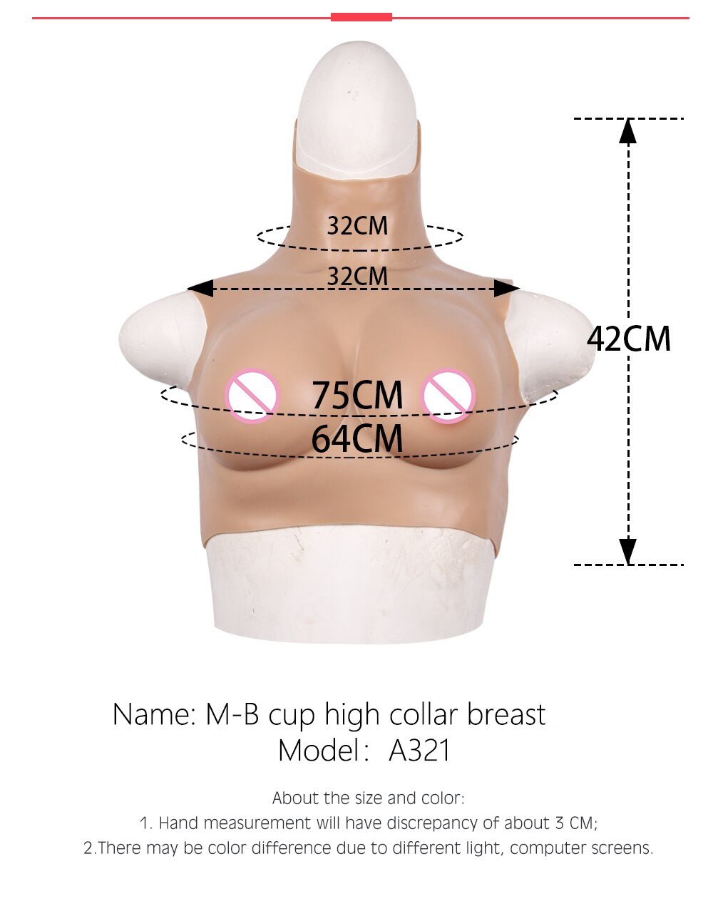 Silicone Filled Breastplate High Collar Breast Forms BH Cup Fake Breasts  Enhancer for Shemale Crossdresser Transgender(Size:G Cup,Color:Color 1)