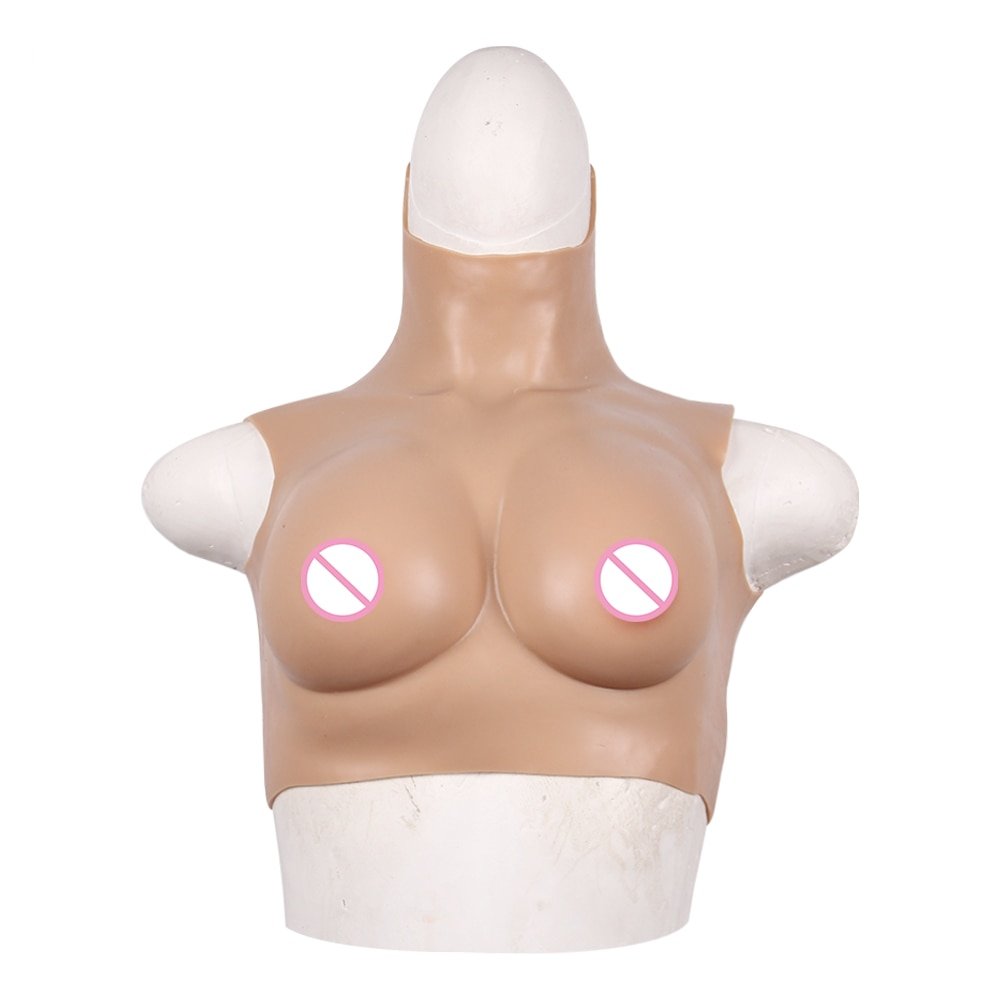 Silicone Filled Breastplate High Collar Breast Forms BH Cup Fake Breasts  Enhancer for Shemale Crossdresser Transgender(Size:G Cup,Color:Color 1)